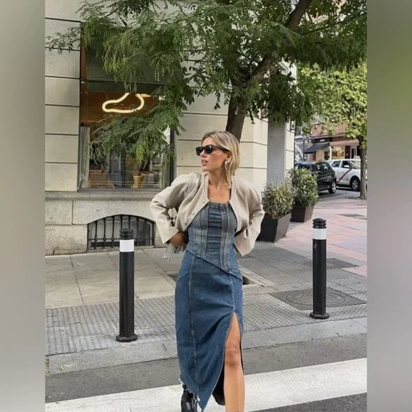 Zara TRF STRAPLESS DENIM MIDI DRESS. Navy Blue. Size XS. New with Tags. - Picture 6 of 10